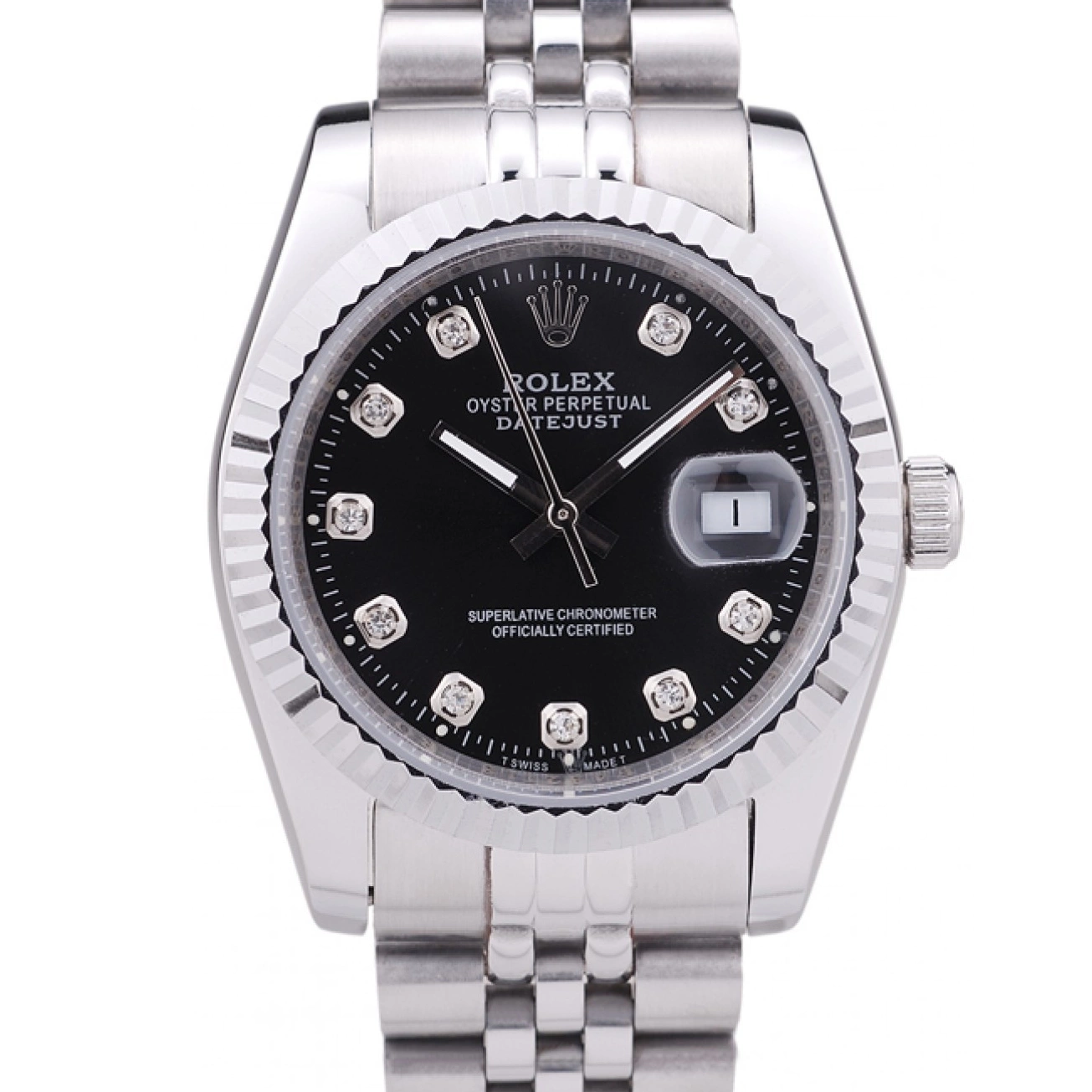 Aaa fake watches Diamonds Ribbed Black Rolex Dial 7458 Bezel Datejust 0630